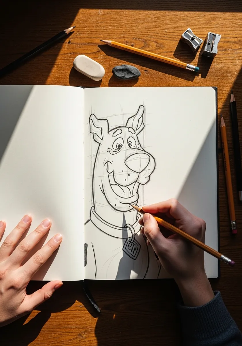 Light pencil line drawing of a cartoon Great Dane head with a collar in a sketchbook