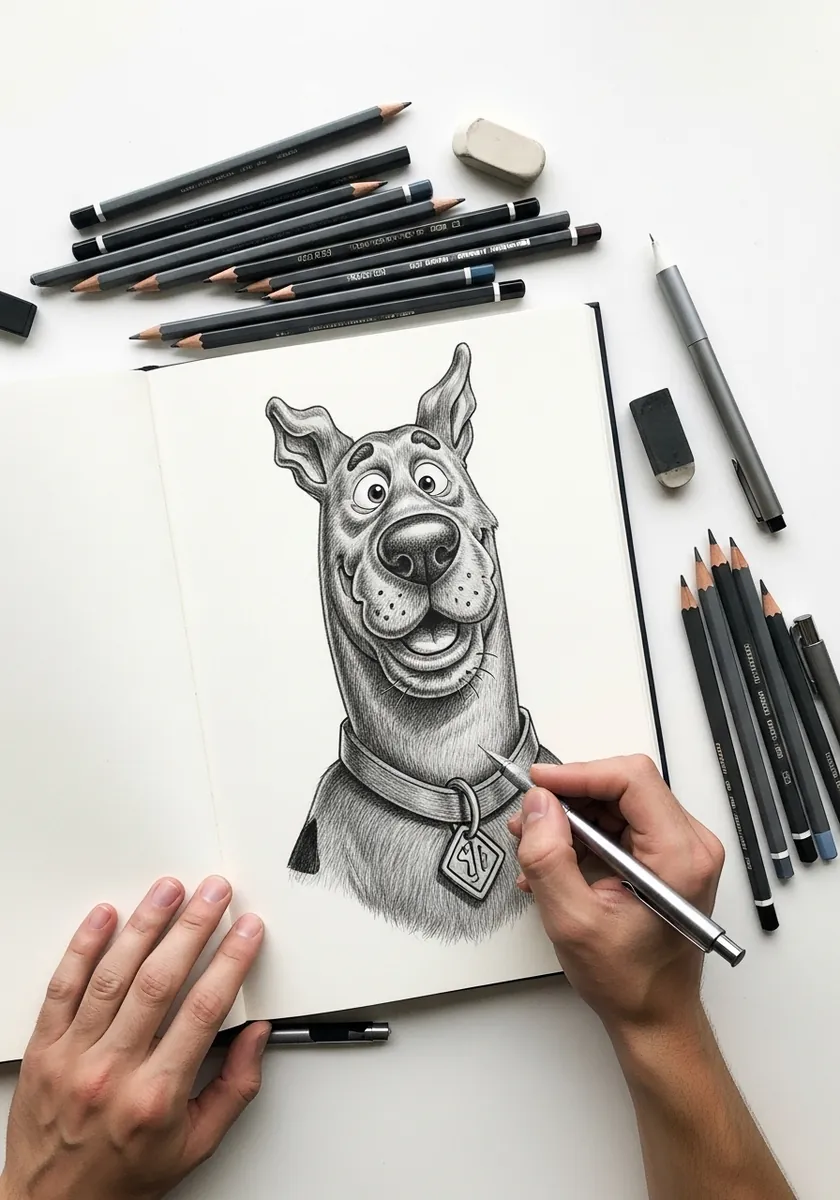 Carefully shaded graphite portrait of a cartoon dog head with a metal collar tag