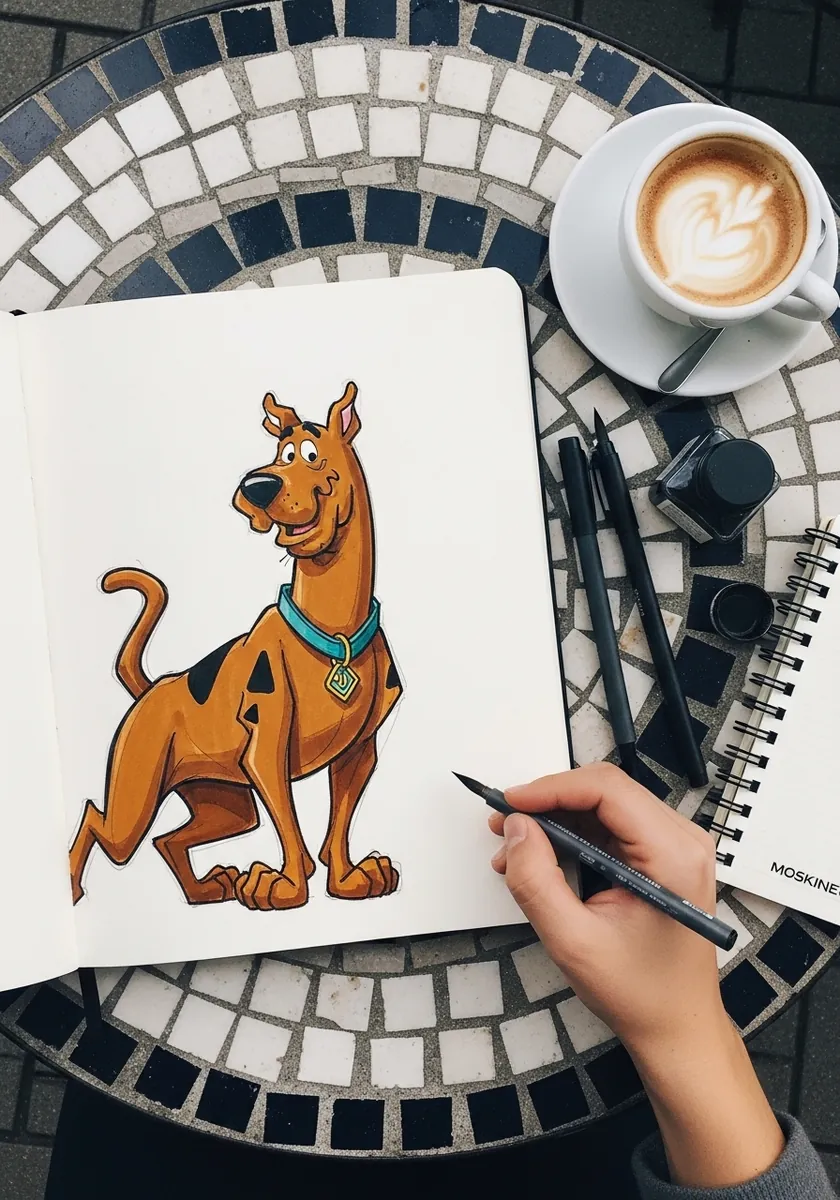 Colored full body drawing of a cartoon Great Dane standing with a curved tail