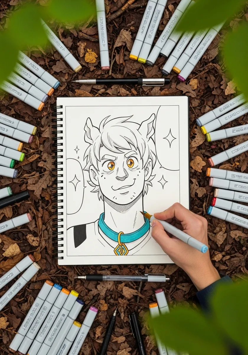 Stylized drawing of a young human character wearing a familiar turquoise dog collar