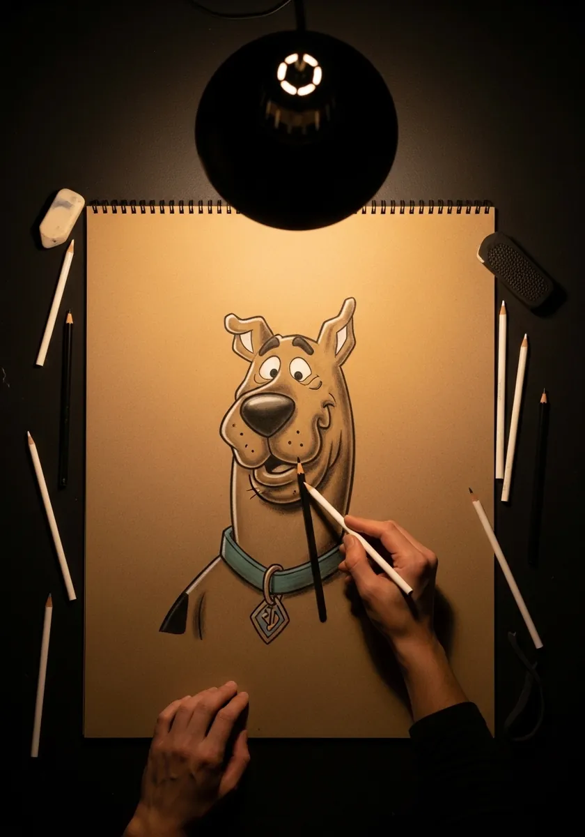 Cartoon dog drawn on warm brown kraft paper under a low hanging lamp