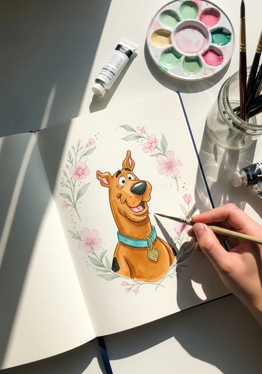 Cartoon dog inside a soft pink and white painted floral wreath in a sketchbook