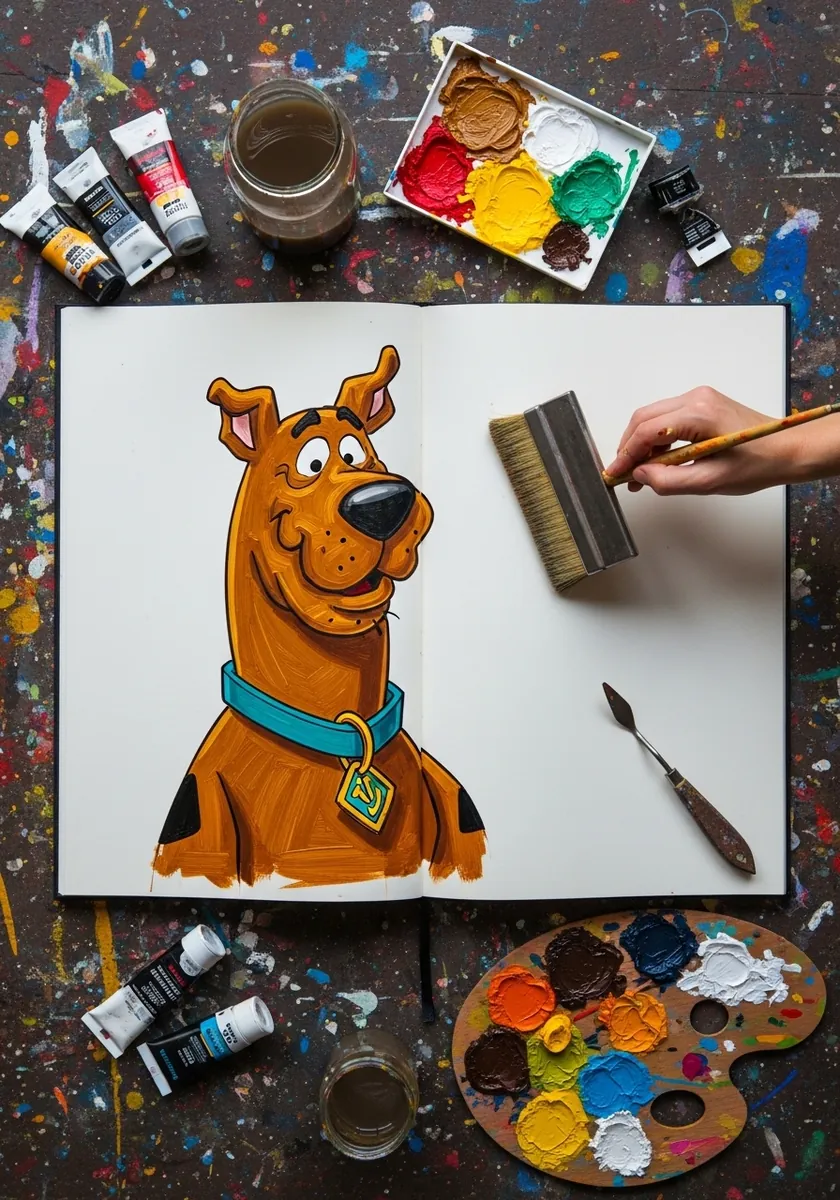 Vivid acrylic painting of a cartoon dog in full color on a paint splattered desk