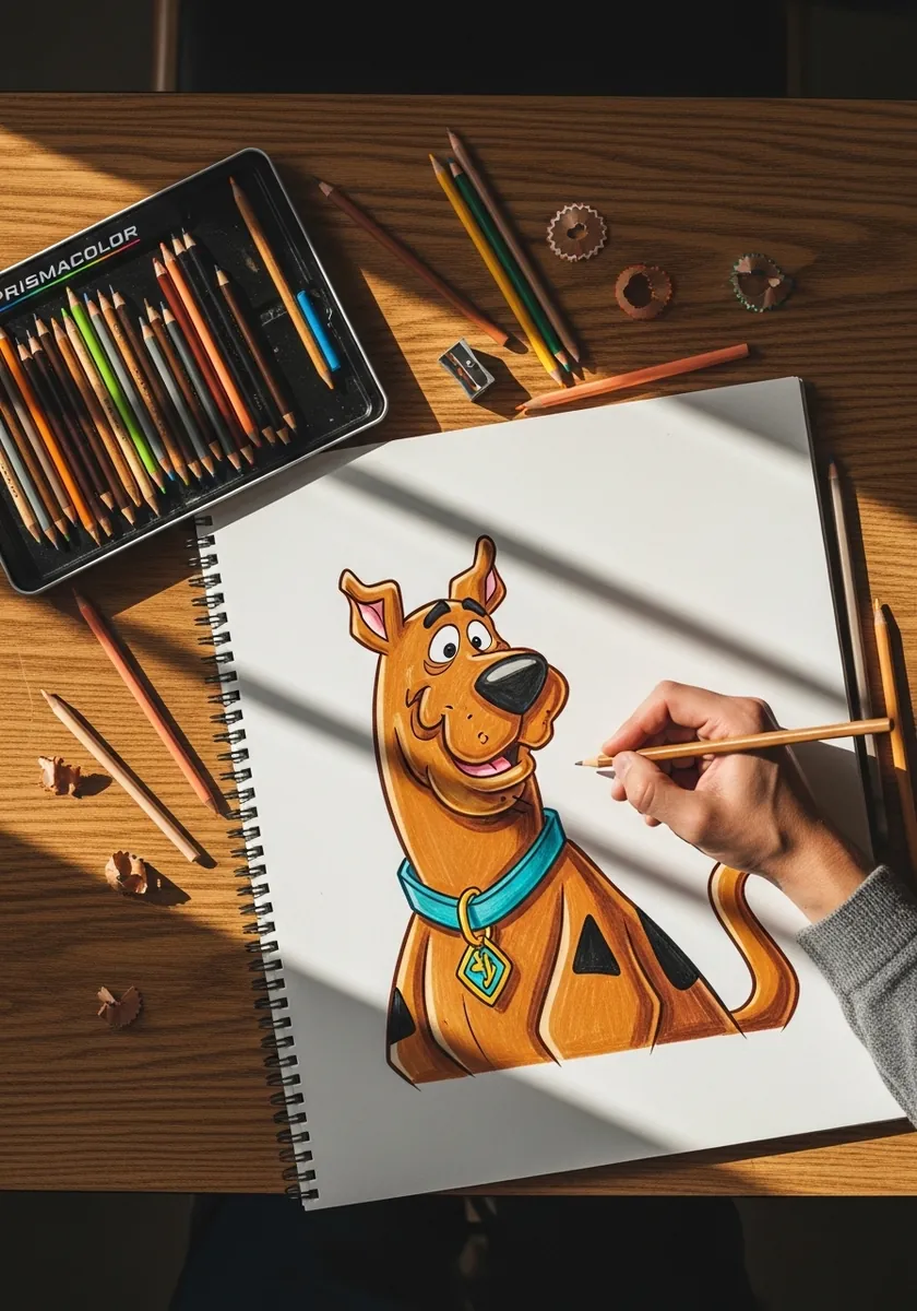 Marker drawing of a cartoon dog sitting upright with a turquoise collar