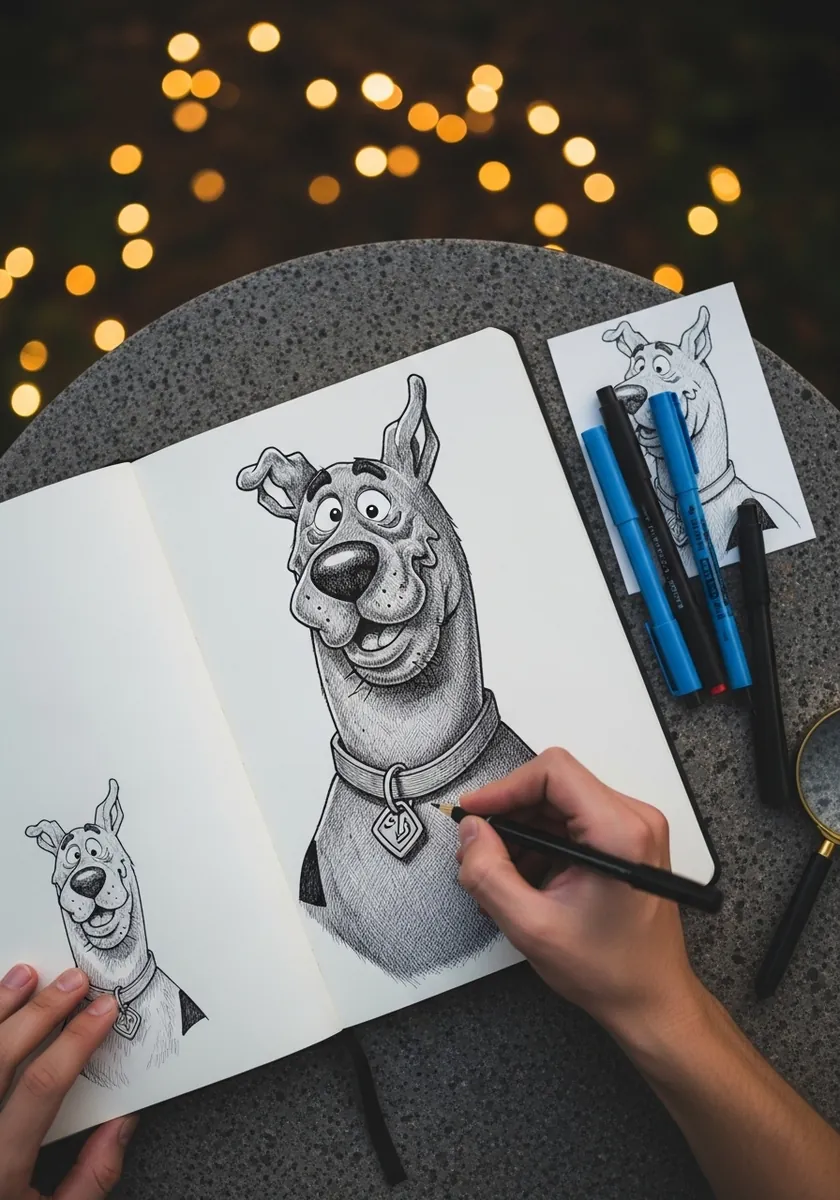 Graphite cartoon dog head beside a smaller preliminary sketch of the same head