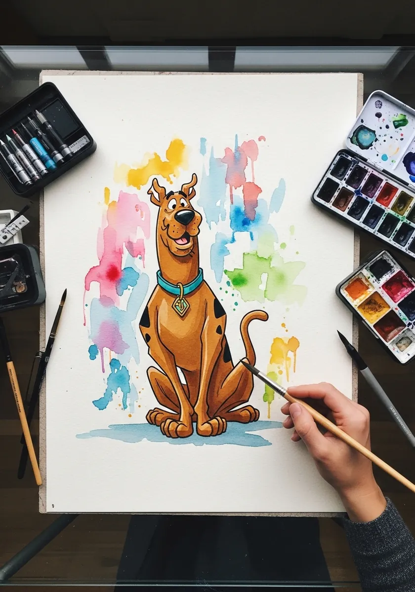 Cartoon dog sitting surrounded by loose splashes of pink, yellow and blue watercolor