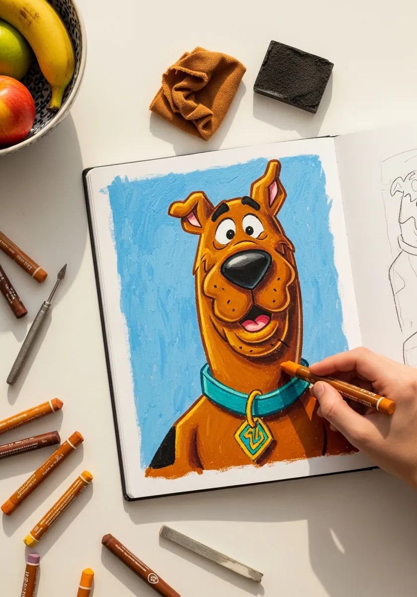 Cartoon dog drawn in oil pastel against a solid blue painted background