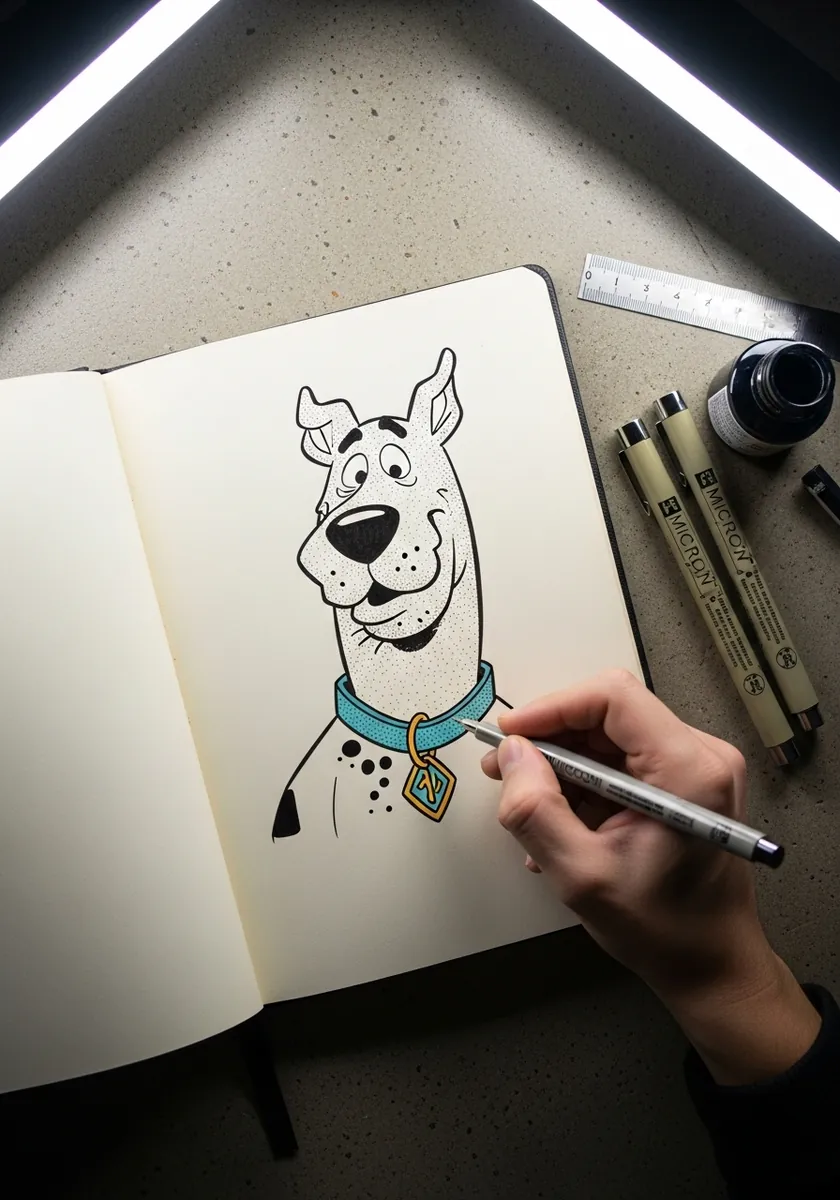 Fine black ink drawing of a cartoon dog head with a tagged collar on white paper
