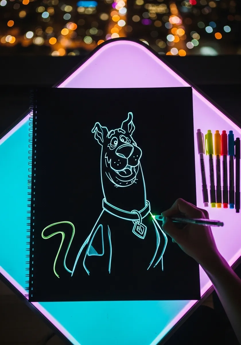 Cartoon dog outlined in bright neon gel pen on black paper with glowing color