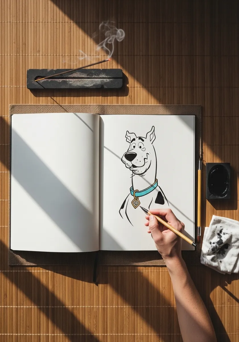 Simple minimal pencil outline of a cartoon dog drawn on a sunlit white page