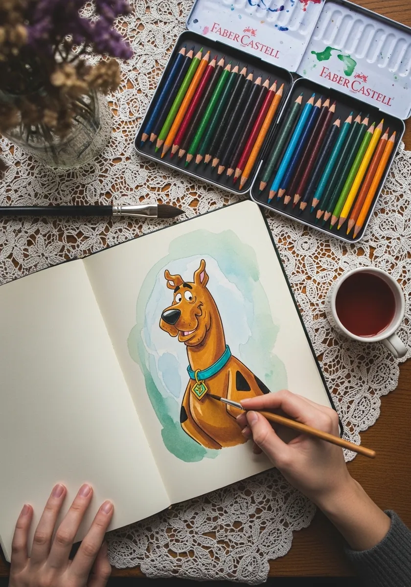 Colored pencil cartoon dog with a soft blue watercolor wash behind him