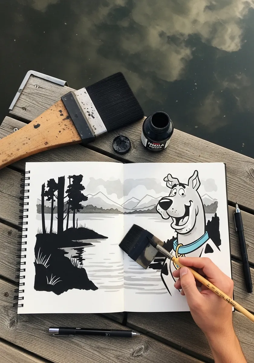 Ink cartoon dog placed in front of a dark brooding forest and lake landscape