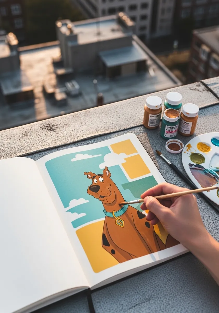 Flat graphic cartoon dog against overlapping teal, orange and yellow color blocks
