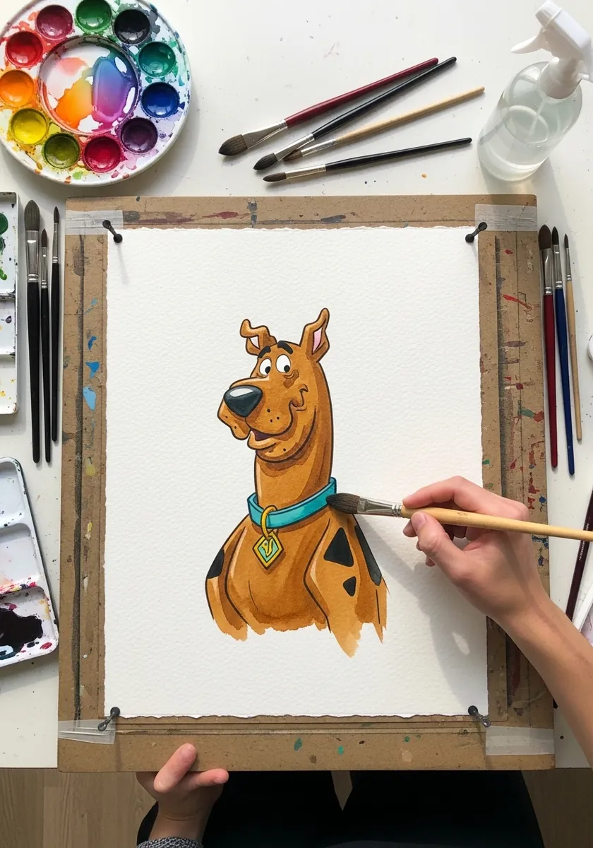 Gouache painting of a cartoon dog from the chest up with a visible collar tag