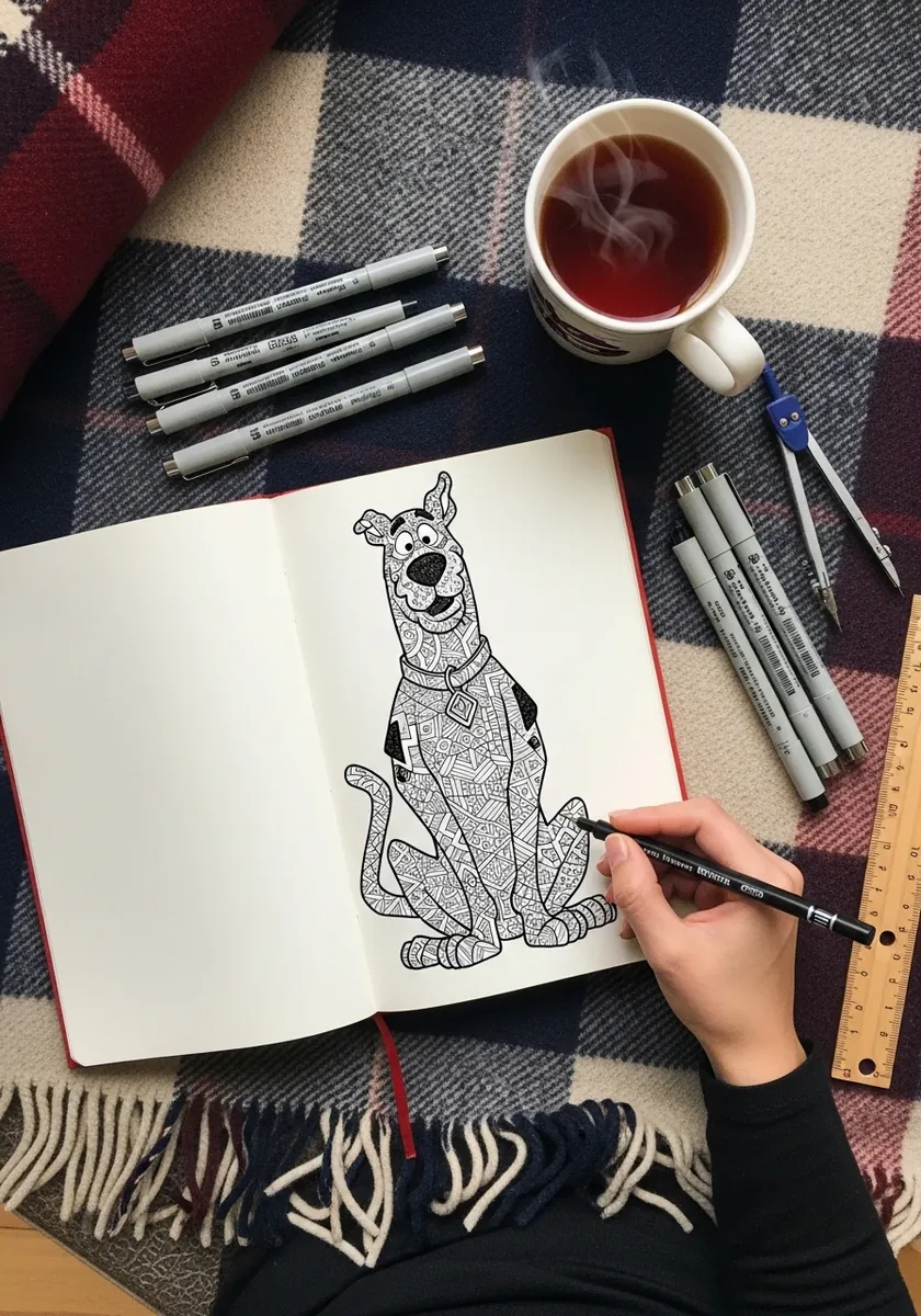 Cartoon dog filled with intricate zentangle patterns drawn in fine black liner