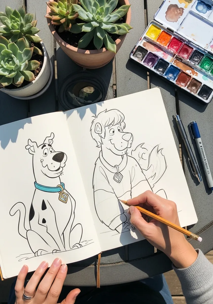 Sketchbook spread with a cartoon dog on one page and a human character on the other