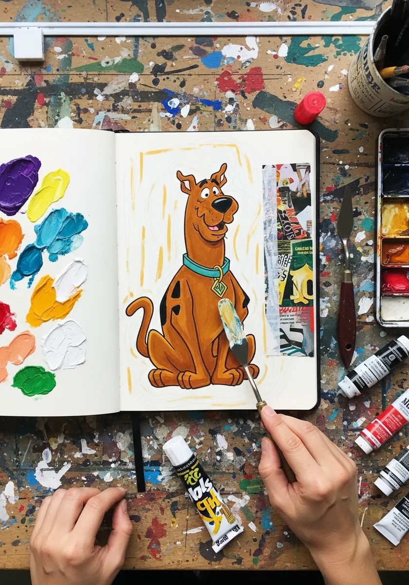 Cartoon dog painted with a palette knife in thick acrylic on a messy work table