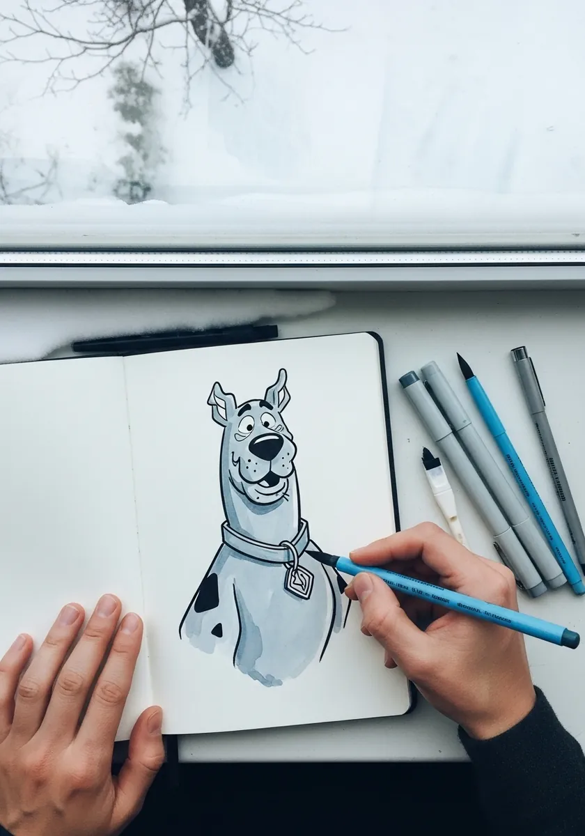 Cartoon dog drawn in blue ballpoint pen in a sketchbook beside a bright window