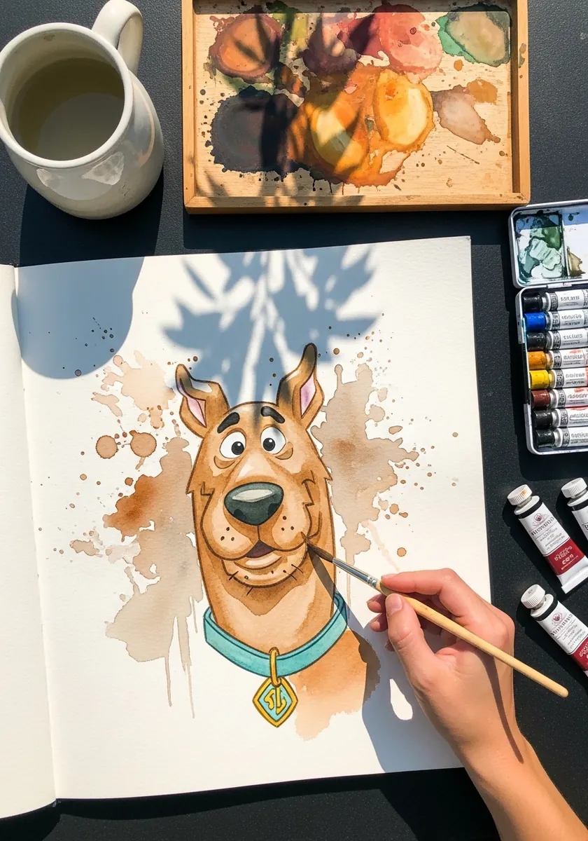 Watercolor cartoon dog head with warm orange splattered paint behind it