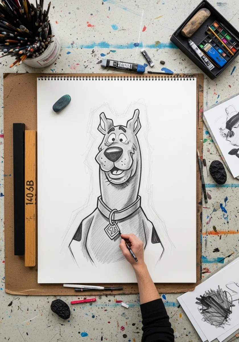 Large detailed graphite portrait of a cartoon dog head with soft blended shading