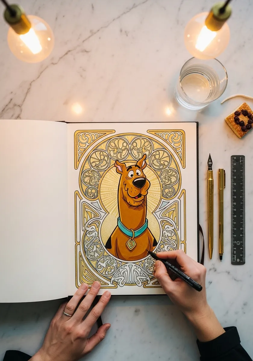 Cartoon dog inside an ornate gold art nouveau border with fine decorative linework