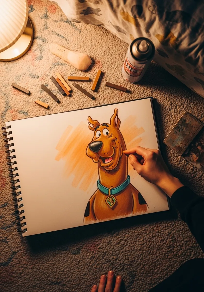 Soft toned drawing of a cartoon dog on warm peach colored paper with pastels