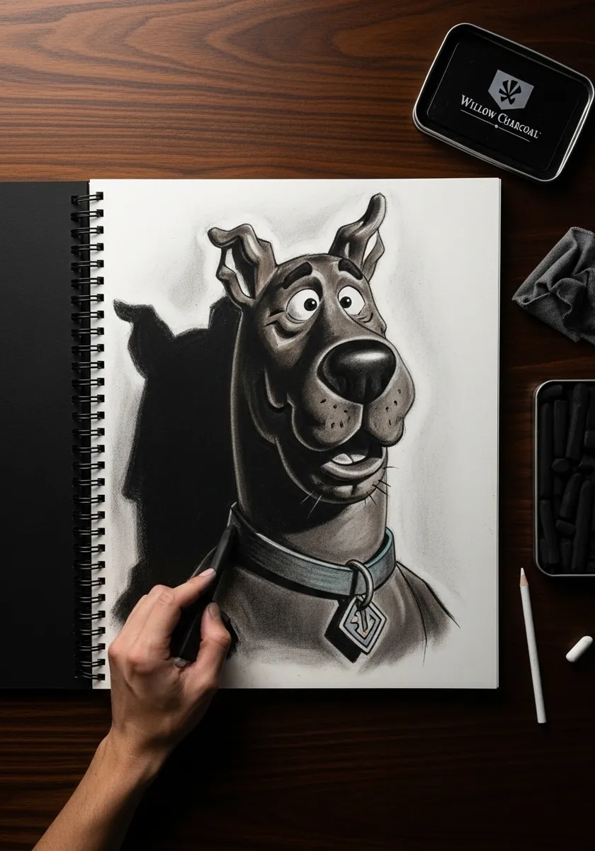 Detailed graphite rendering of a cartoon dog head with realistic fur shading