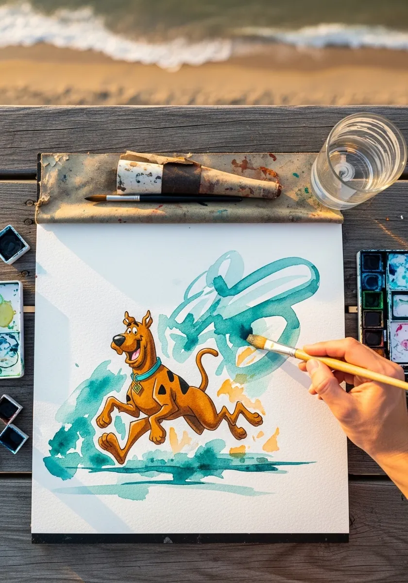 Loose watercolor cartoon dog running with teal and blue washes around him