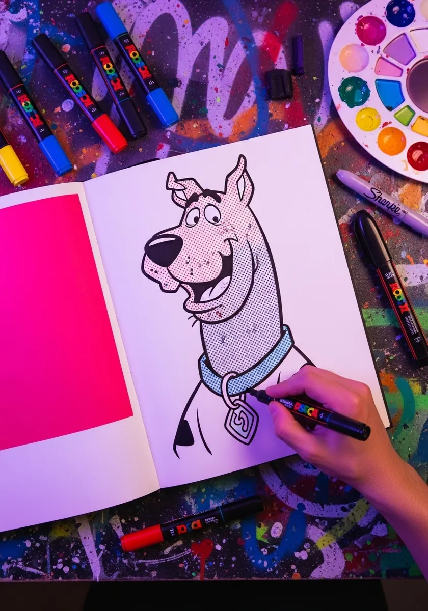 Bright marker cartoon dog portrait against a vivid pink and purple background