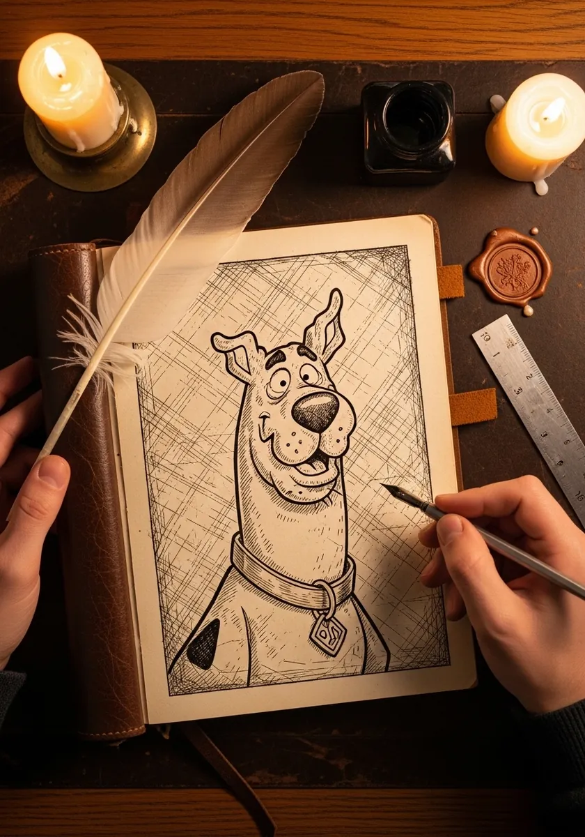 Vintage style ink drawing of a cartoon dog with fine hatching and a quill pen