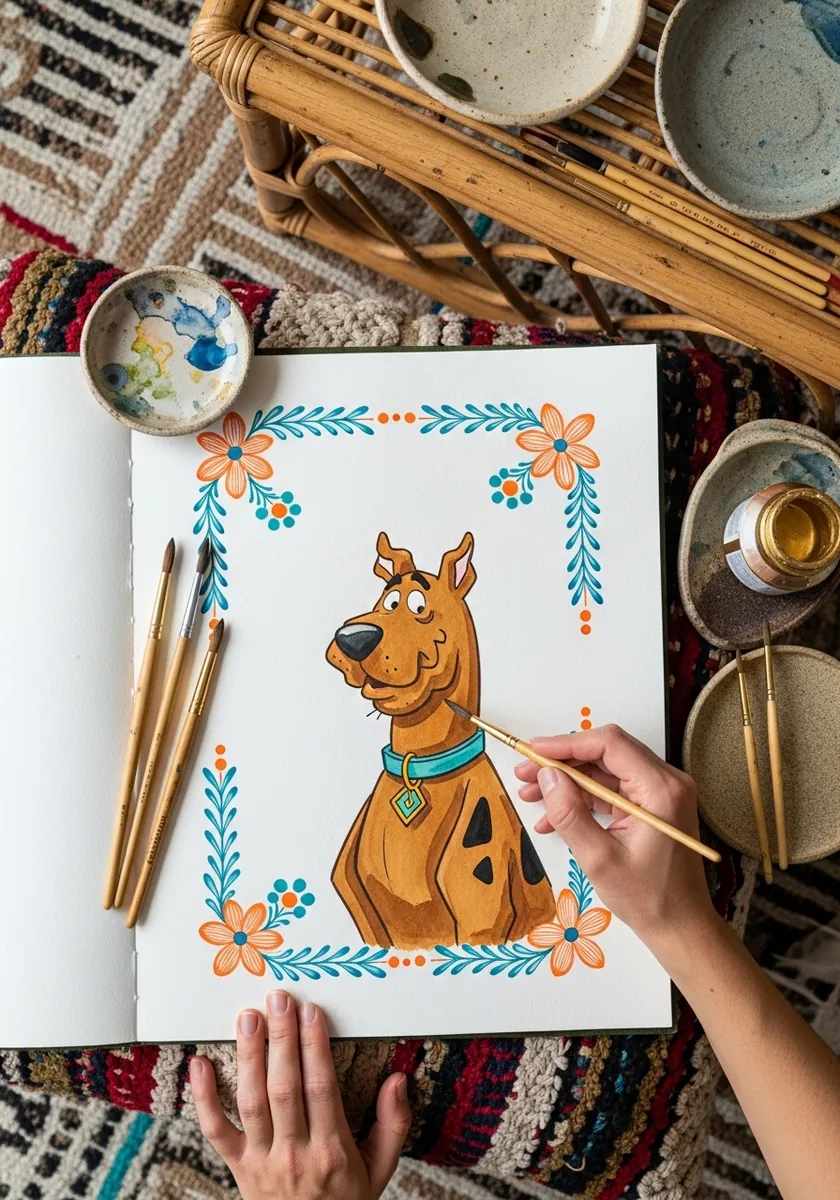 Cartoon dog framed by a symmetrical folk art border of blue and orange flowers