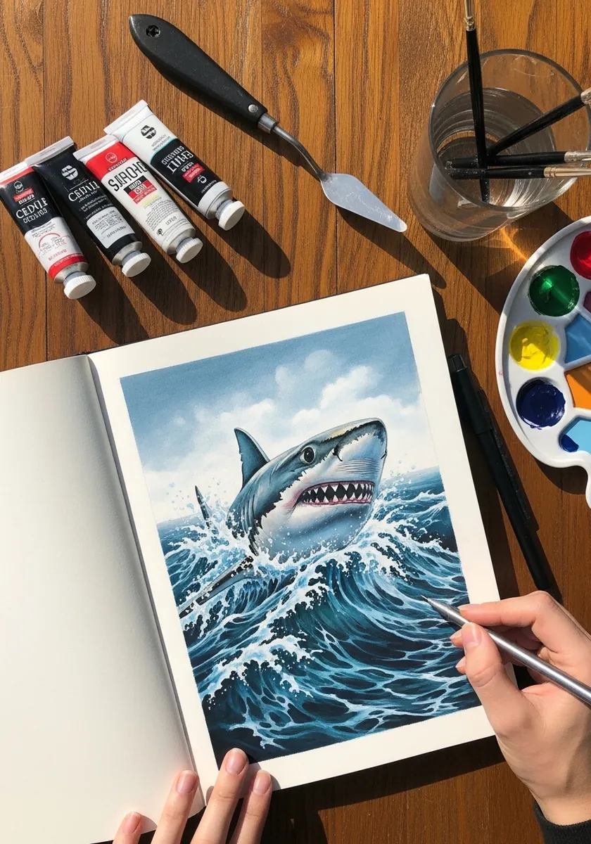 Acrylic painting of a great white shark breaching through a blue ocean wave