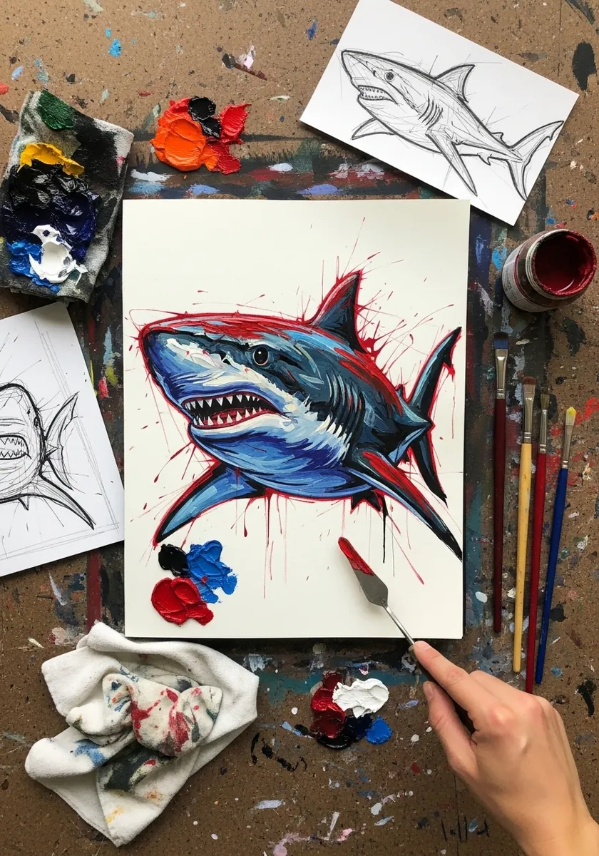 Bold acrylic shark painting in blue and gray with dramatic red paint splatter