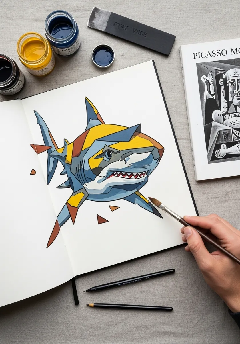 Cubist style shark broken into angular planes of blue yellow and rust