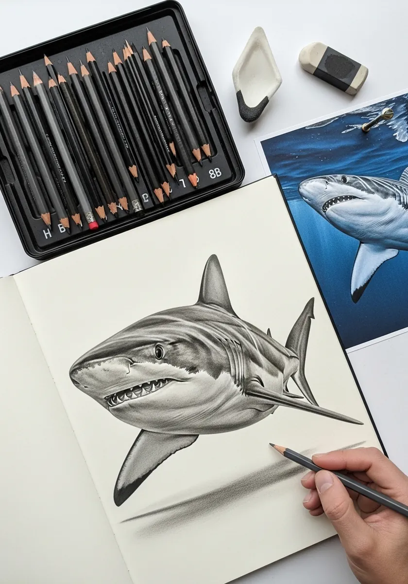 Realistic graphite pencil drawing of a great white shark with smooth tonal shading