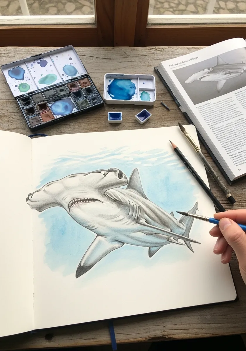 Pencil and pale watercolor study of a hammerhead shark seen from the front