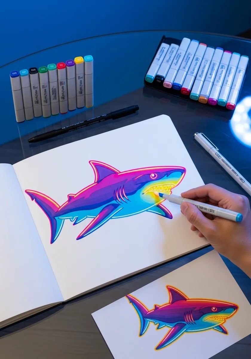 Bright neon marker shark in pink purple and blue with a white sticker outline