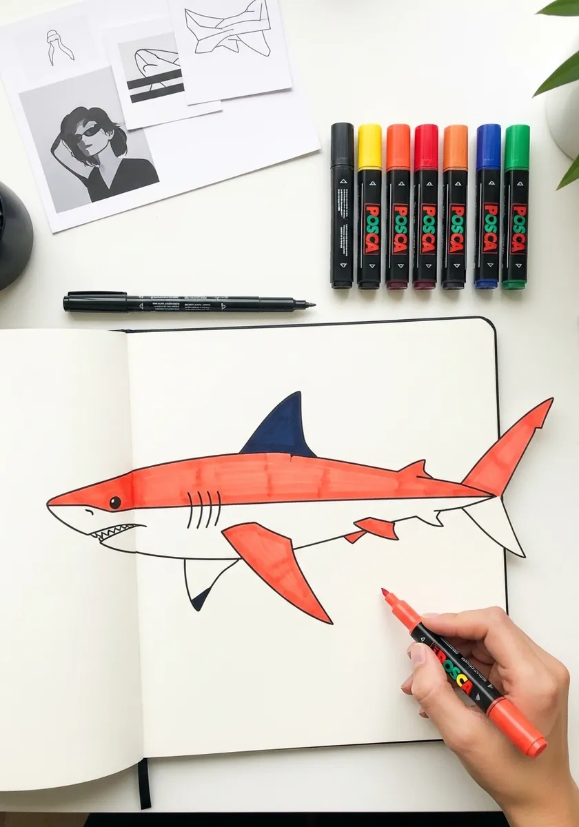 Flat orange red shark drawn with paint markers and a navy dorsal fin