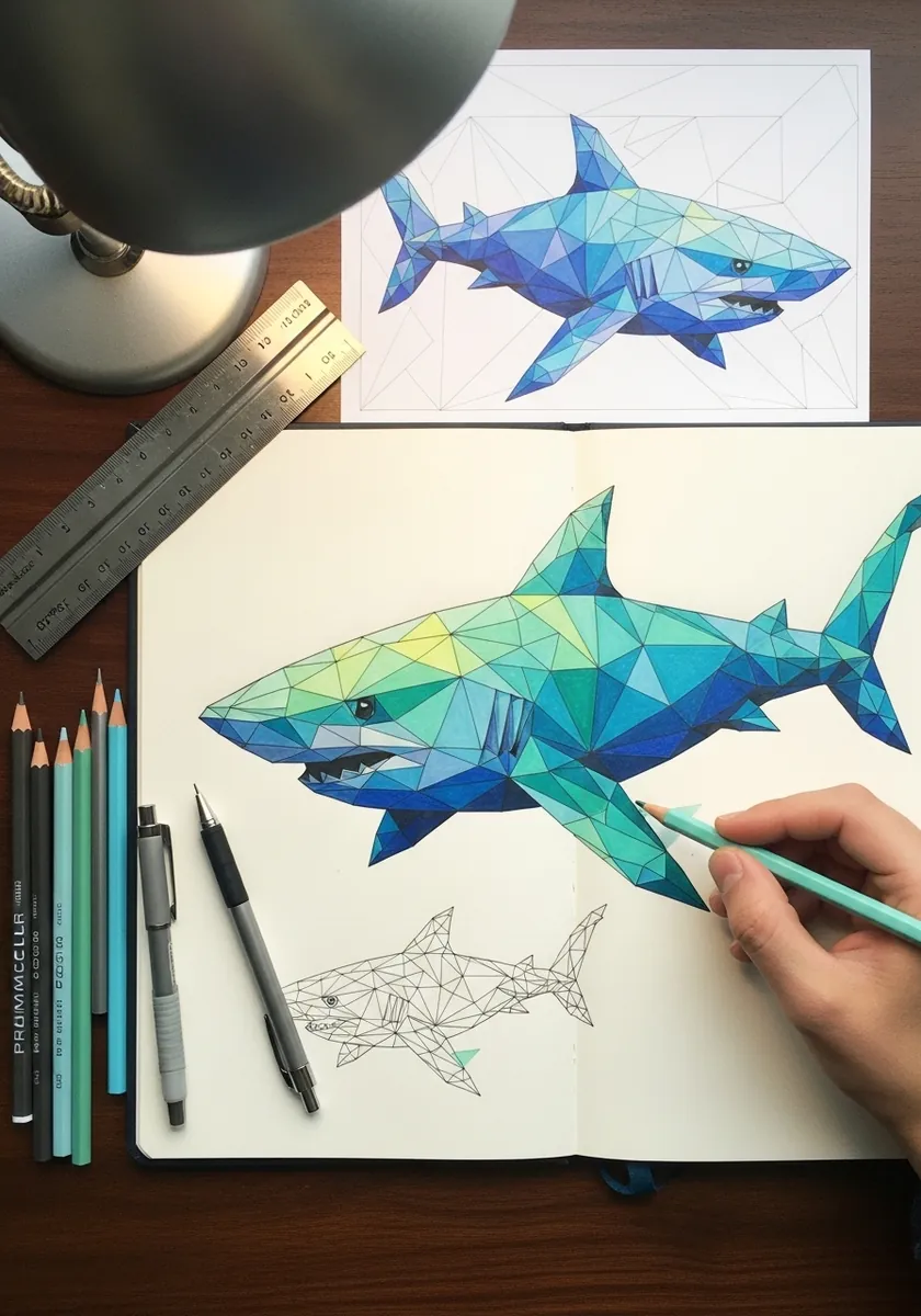 Low poly faceted shark in blue and green tones with a construction sketch beside it