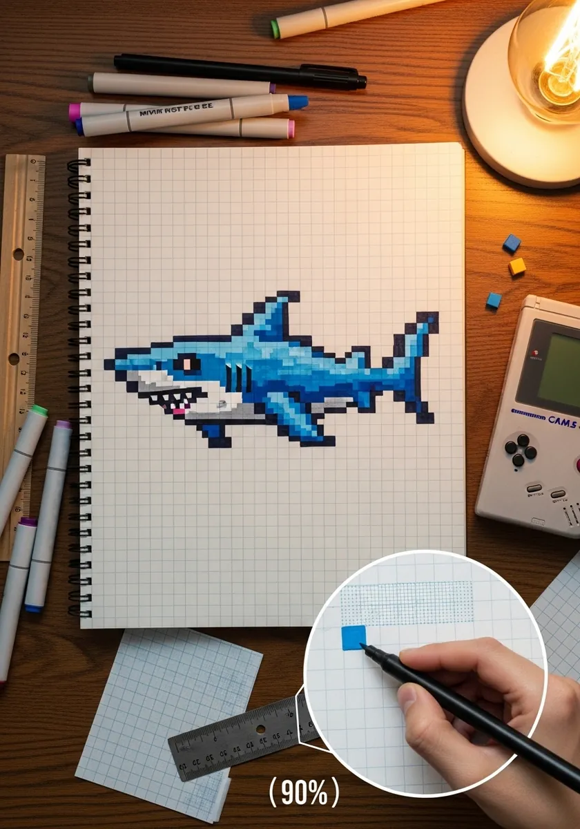 Pixel art blue shark drawn square by square on grid paper