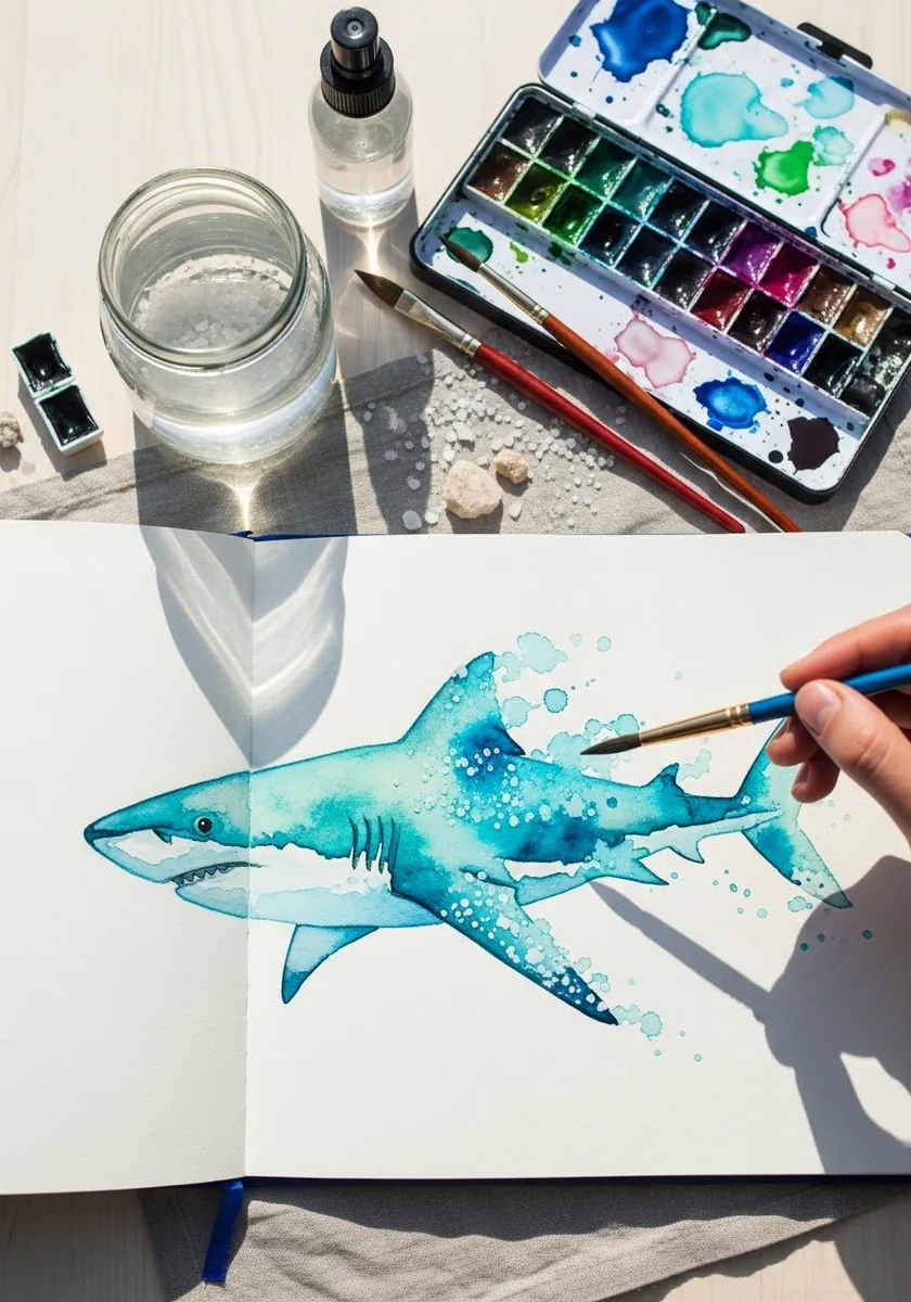 Loose turquoise watercolor shark with soft edges and scattered paint splatter