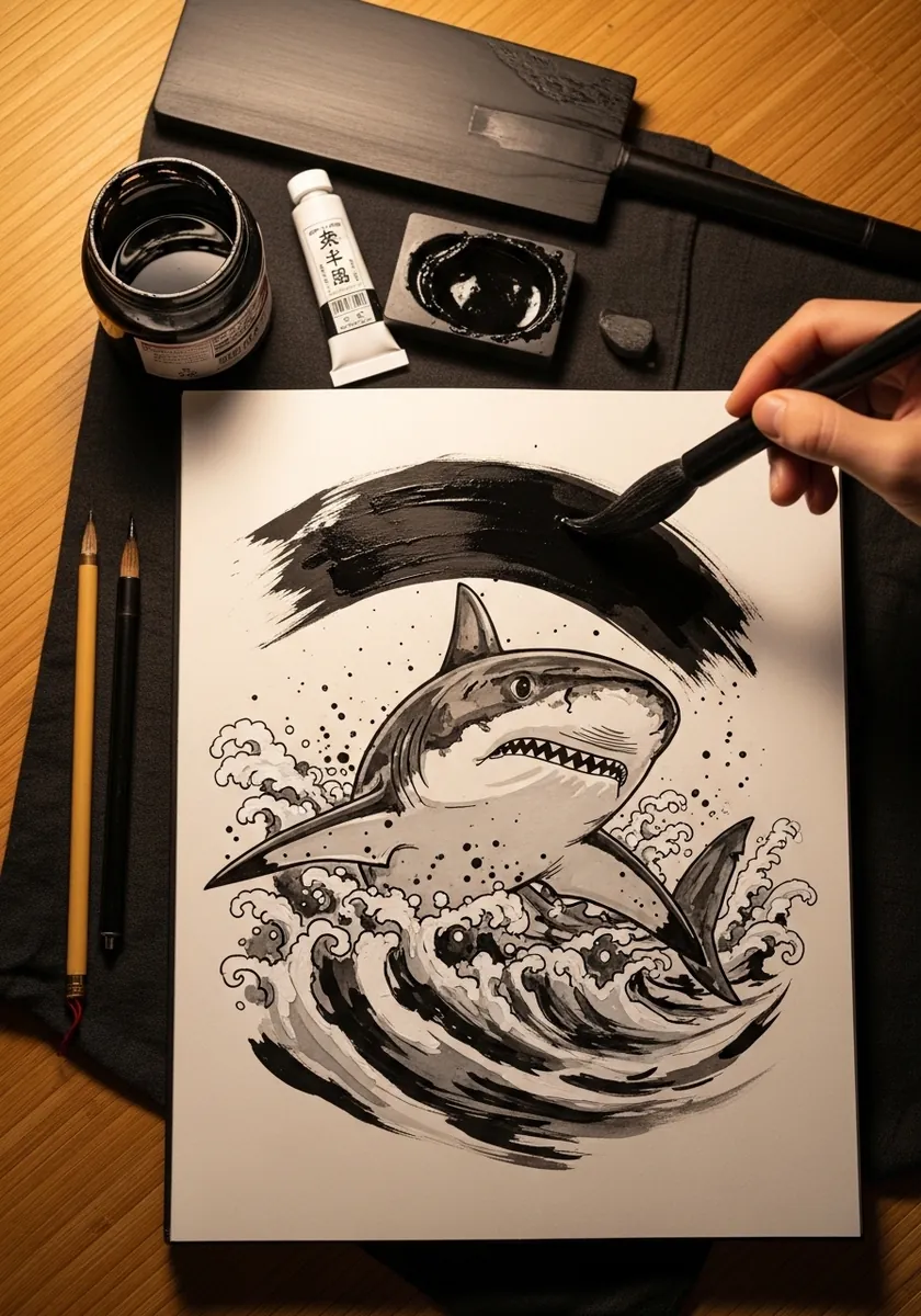 Sumi-e style black ink brush painting of a shark rising over a stylized wave