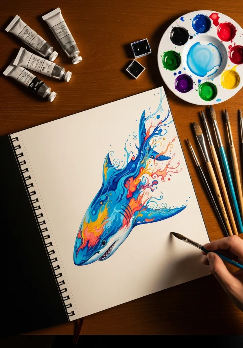 Watercolor shark head dissolving into blue orange and red swirling splashes