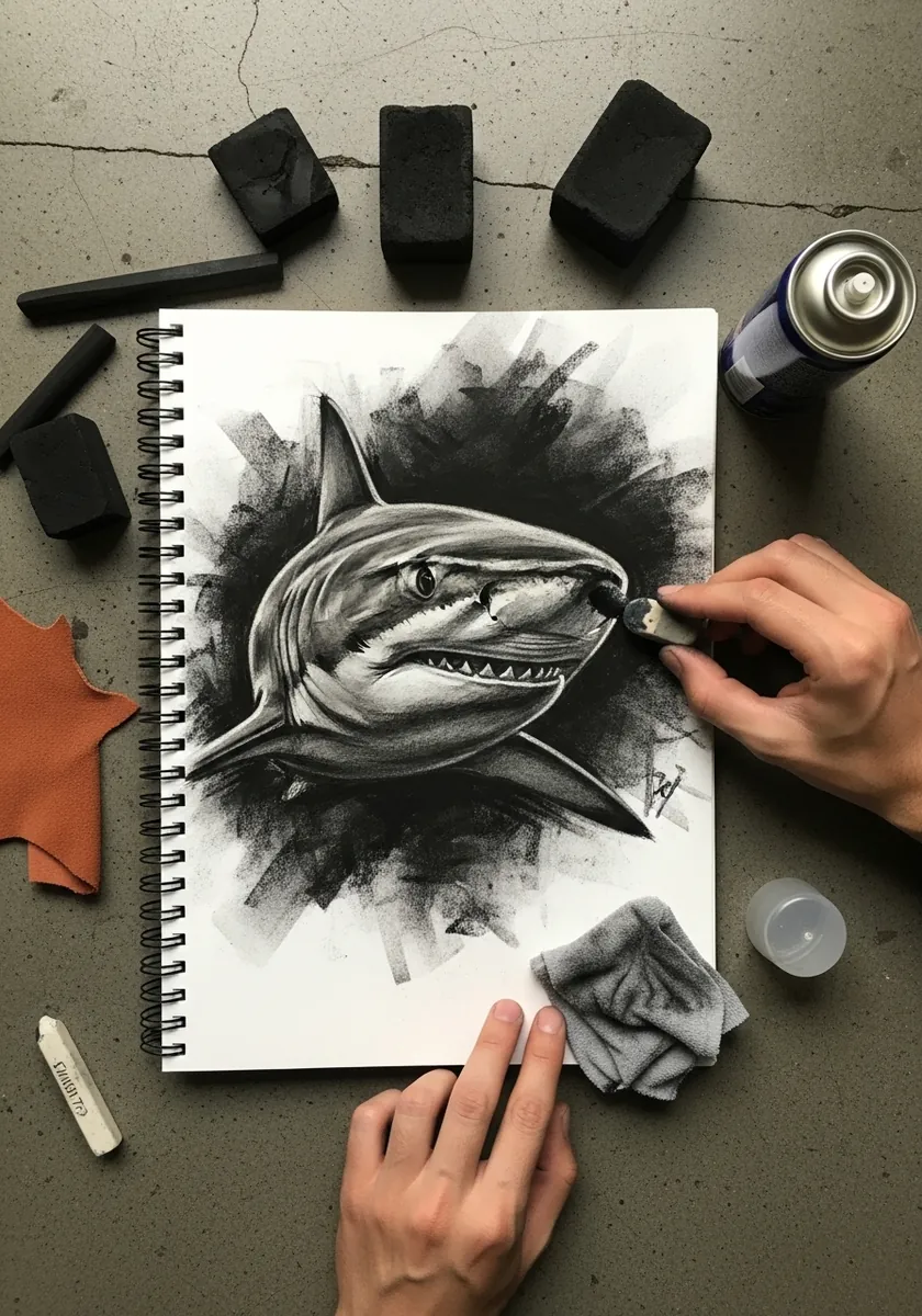 Charcoal drawing of a shark head emerging from a dark scratched background