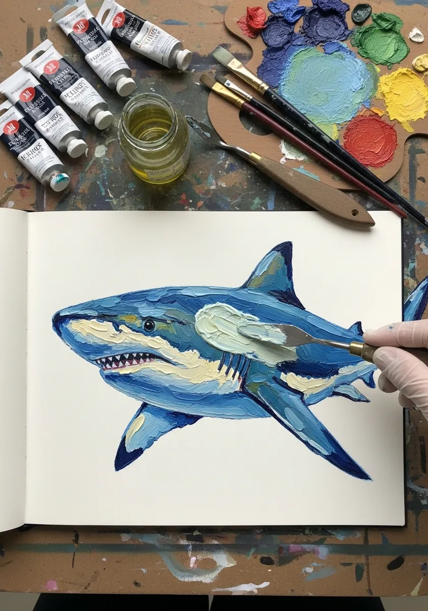 Impasto oil painting of a shark in thick visible blue and cream brushstrokes