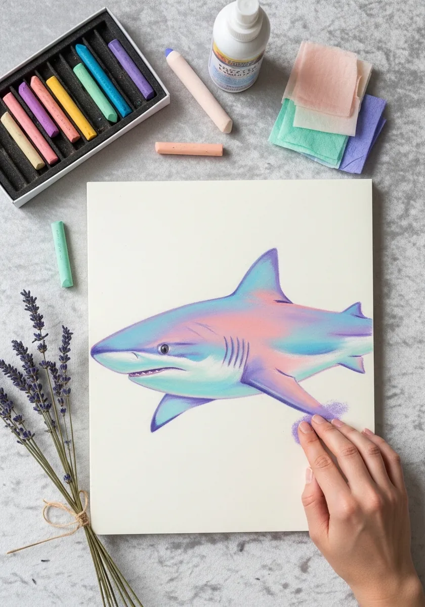 Soft pastel shark in dreamy pink lilac and mint tones