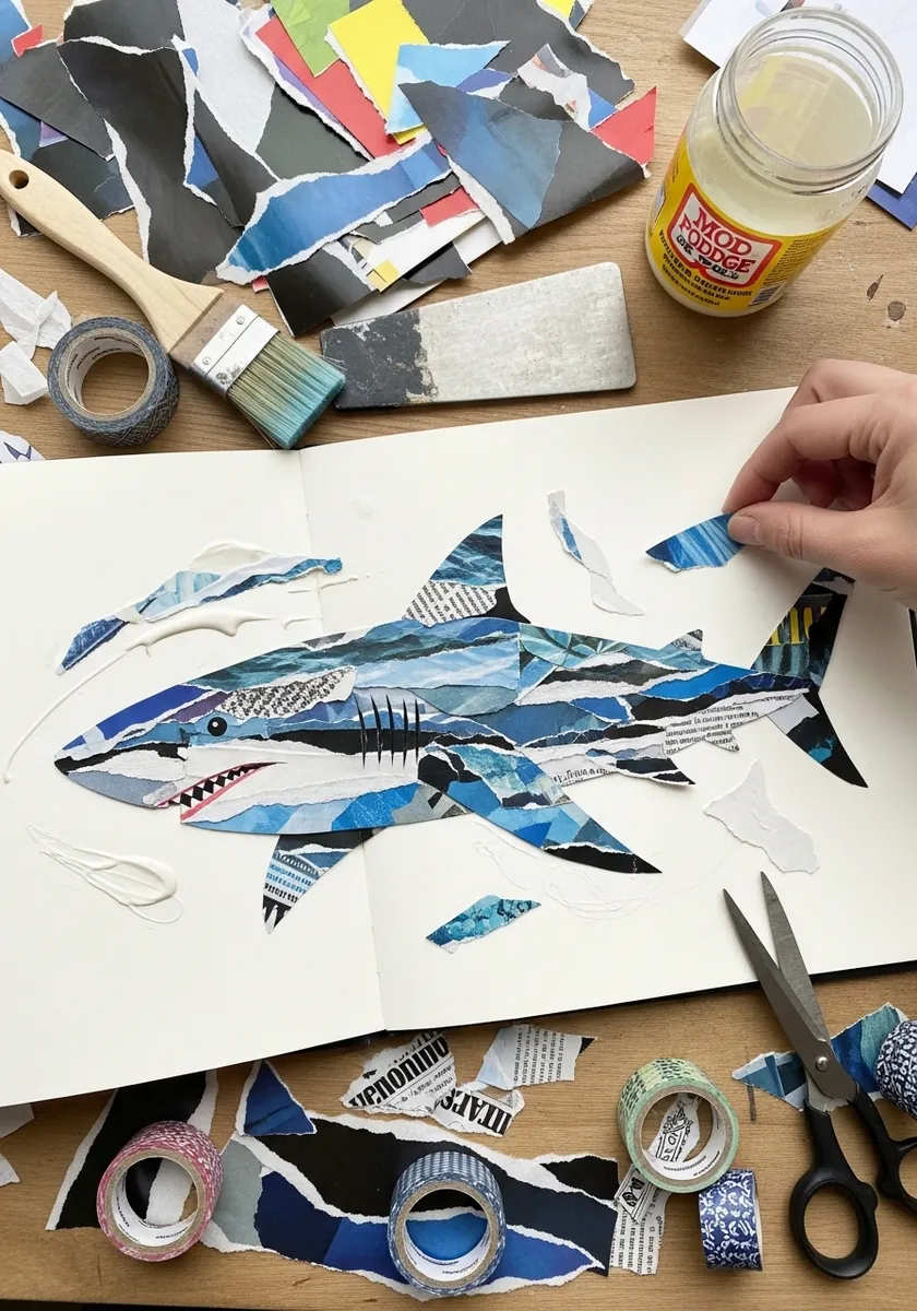 Shark made from torn blue and gray paper scraps collaged onto white