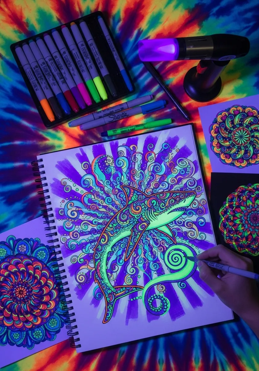 Psychedelic neon shark in glowing green and purple under blacklight