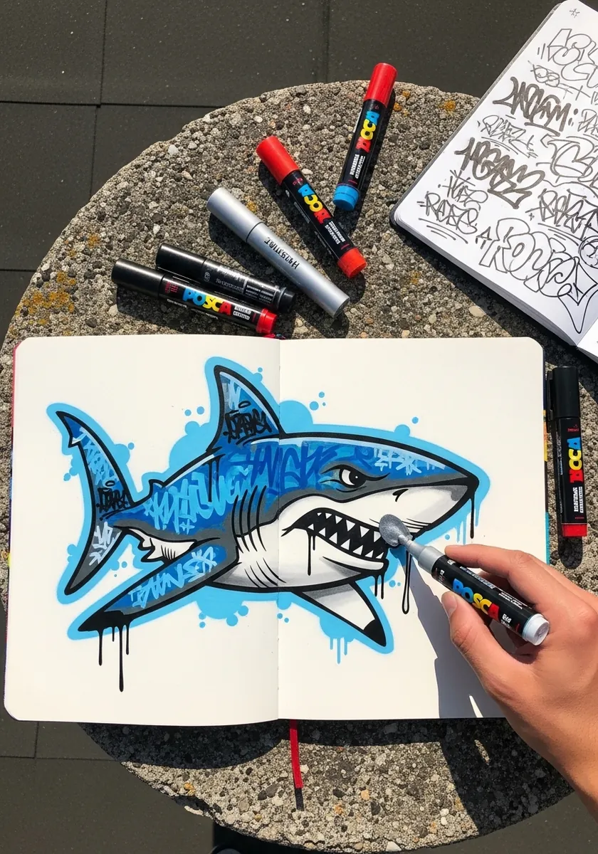 Graffiti style shark outlined in blue with paint drips and spray splatter