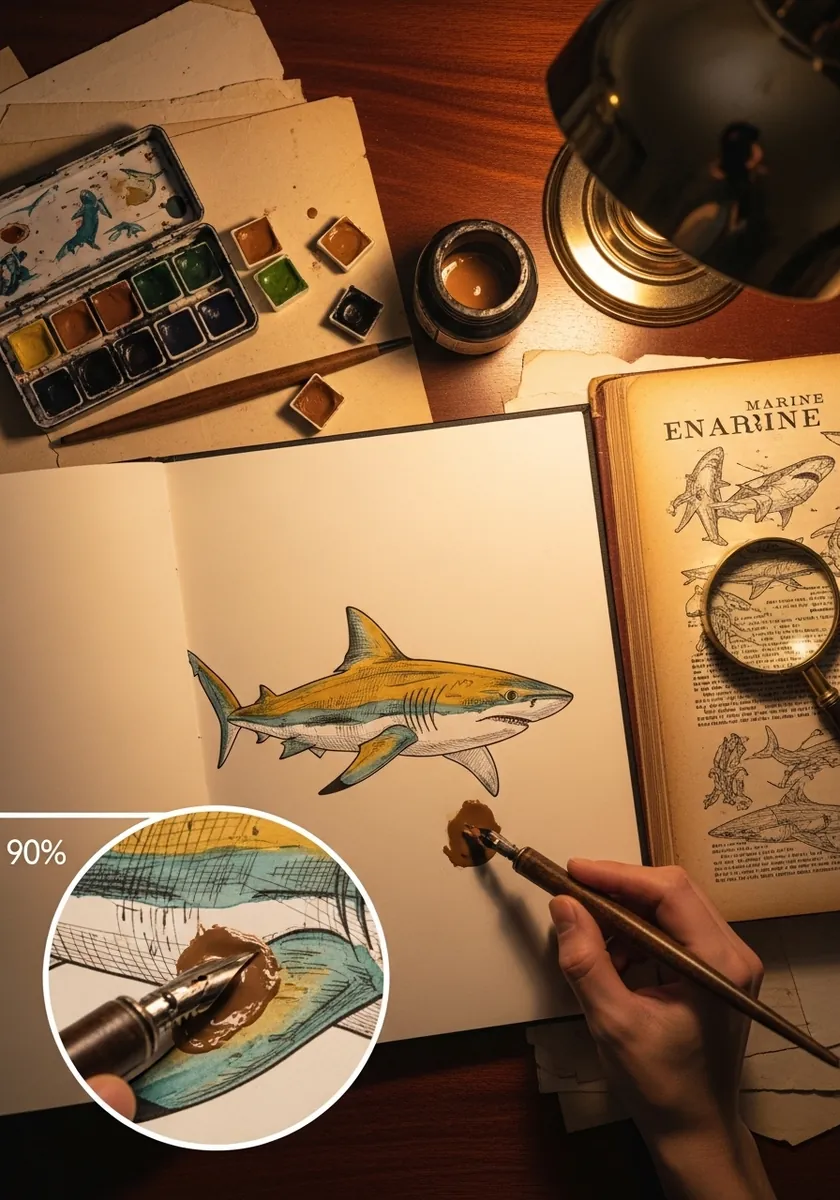 Vintage naturalist style shark illustration in a worn journal with sepia tones